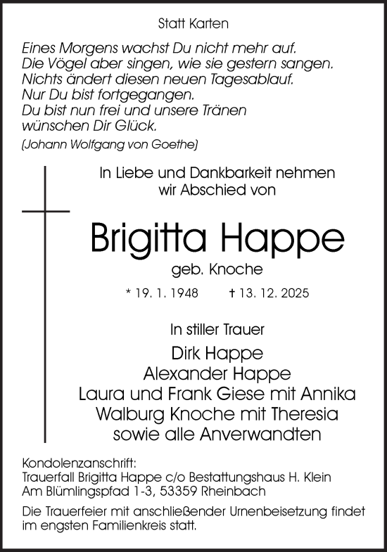 Traueranzeige von Brigitta Happe von Hellweger Anzeiger