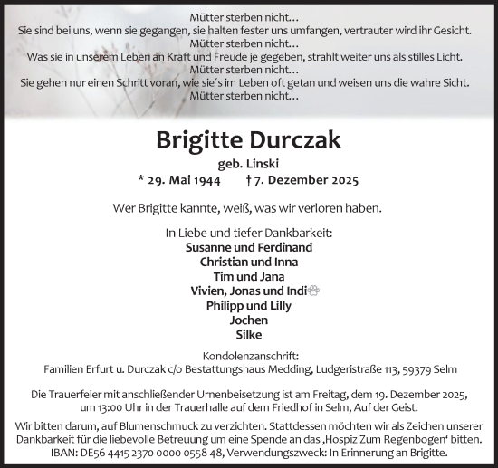 Traueranzeige von Brigitte Durczak von Lüner Anzeiger