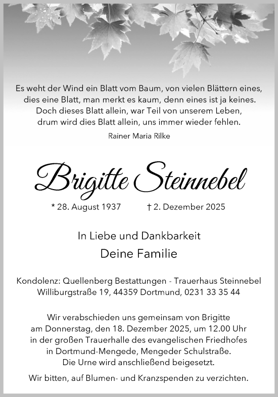 Traueranzeige von Brigitte Steinnebel von Ruhr Nachrichten