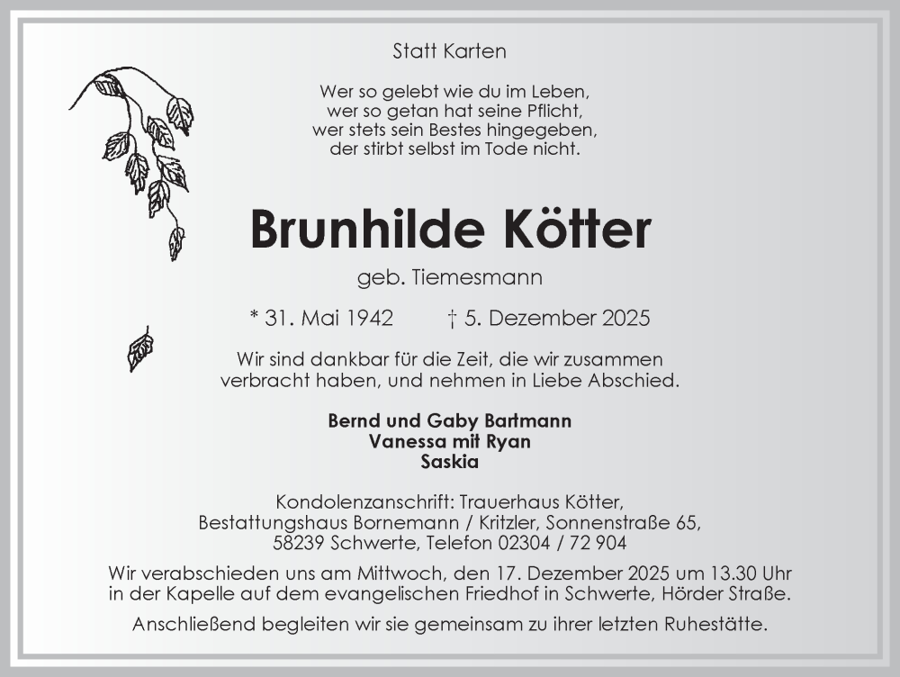  Traueranzeige für Brunhilde Kötter vom 13.12.2025 aus Ruhr Nachrichten