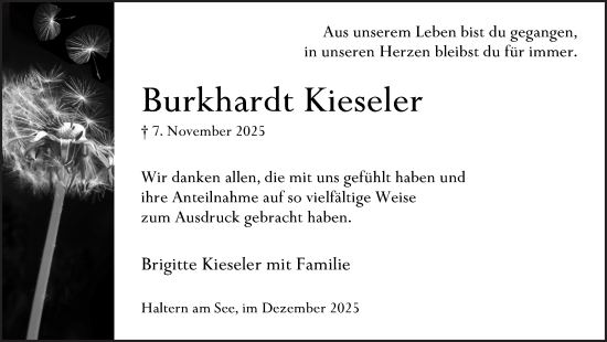 Traueranzeige von Burkhardt Kieseler von Ruhr Nachrichten und Halterner Zeitung