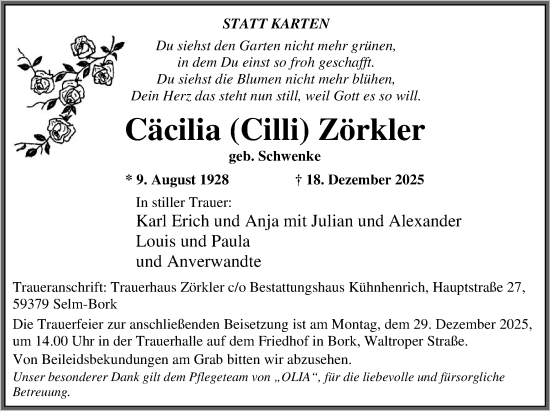 Traueranzeige von Cäcilia Zörkler von Ruhr Nachrichten