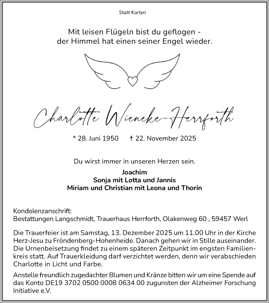  Traueranzeige für Charlotte Wieneke-Herrforth vom 03.12.2025 aus Hellweger Anzeiger