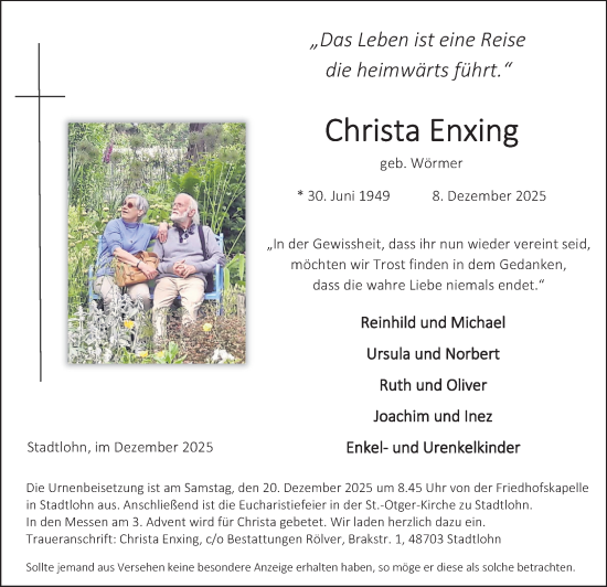 Traueranzeige von Christa Enxing von Münsterland Zeitung