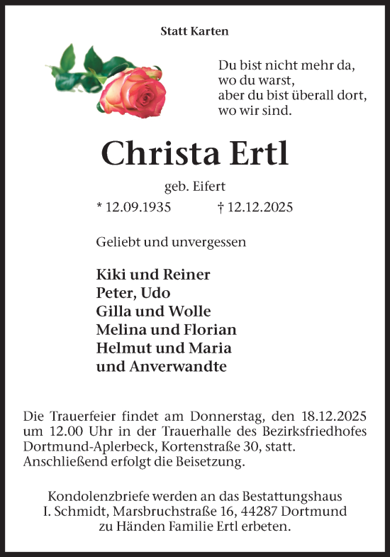 Traueranzeige von Christa Ertl von Ruhr Nachrichten