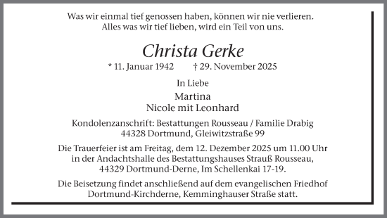 Traueranzeige von Christa Gerke von Ruhr Nachrichten