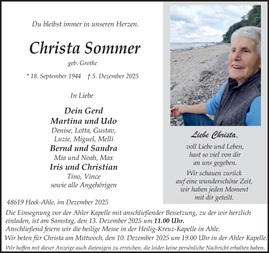 Traueranzeige von Christa Sommer von Münsterland Zeitung