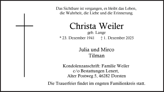 Traueranzeige von Christa Weiler von Ruhr Nachrichten und Dorstener Zeitung