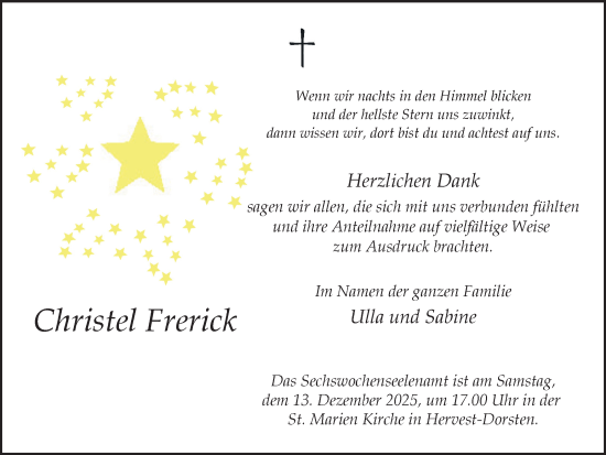 Traueranzeige von Christel Frerick von Ruhr Nachrichten und Dorstener Zeitung