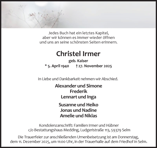 Traueranzeige von Christel Irmer von Ruhr Nachrichten