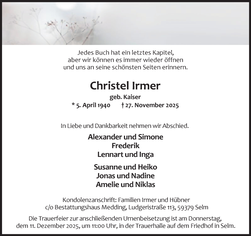  Traueranzeige für Christel Irmer vom 06.12.2025 aus Ruhr Nachrichten