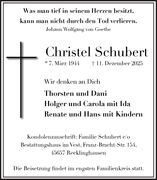 Traueranzeige von Christel Schubert von Trauer Vest