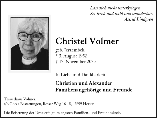 Traueranzeige von Christel Volmer von Trauer Vest