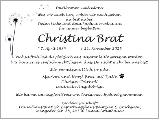 Traueranzeige von Christina Brat von Lüner Anzeiger