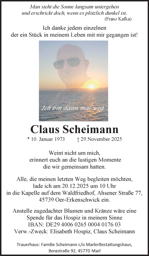  Traueranzeige für Claus Scheimann vom 17.12.2025 aus Trauer Vest