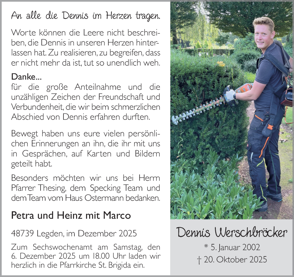  Traueranzeige für Dennis Werschbröcker vom 03.12.2025 aus Münsterland Zeitung