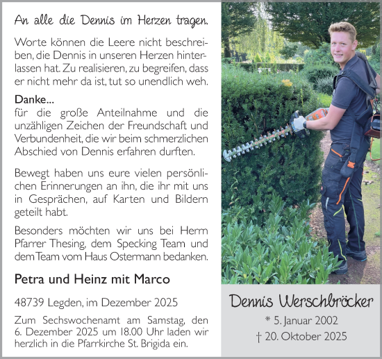 Traueranzeige von Dennis Werschbröcker von Münsterland Zeitung