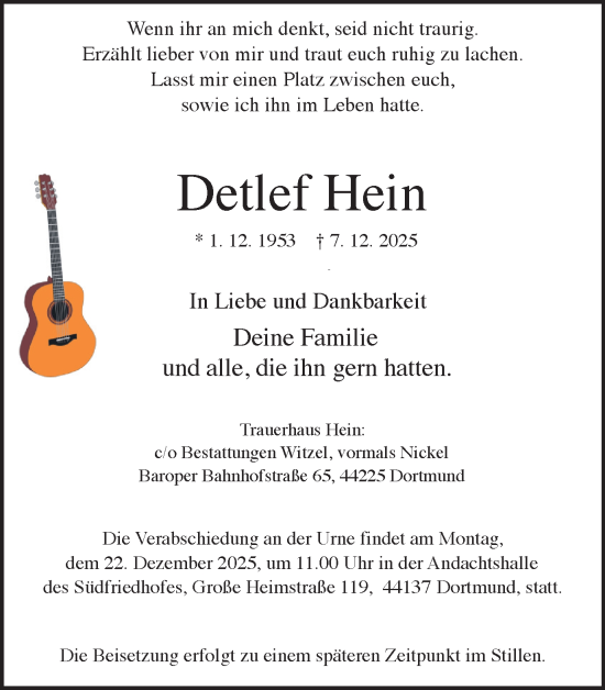 Traueranzeige von Detlef Hein von Ruhr Nachrichten