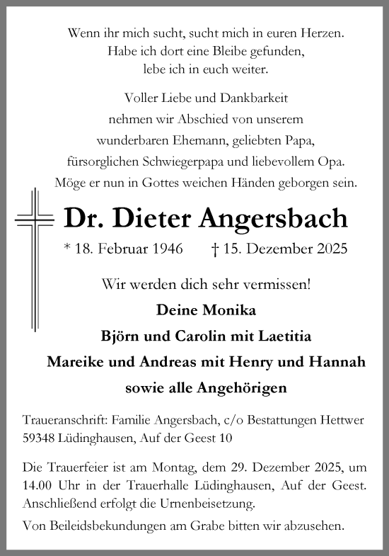 Traueranzeige von Dieter Angersbach von Ruhr Nachrichten