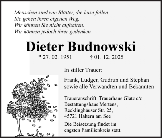 Traueranzeige von Dieter Budnowski von Ruhr Nachrichten und Halterner Zeitung