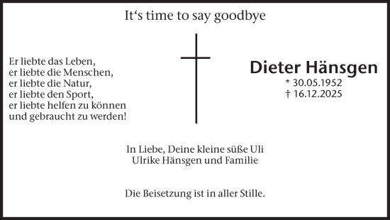 Traueranzeige von Dieter Hänsgen von Ruhr Nachrichten