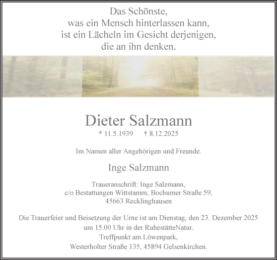 Traueranzeige von Dieter Salzmann von Trauer Vest