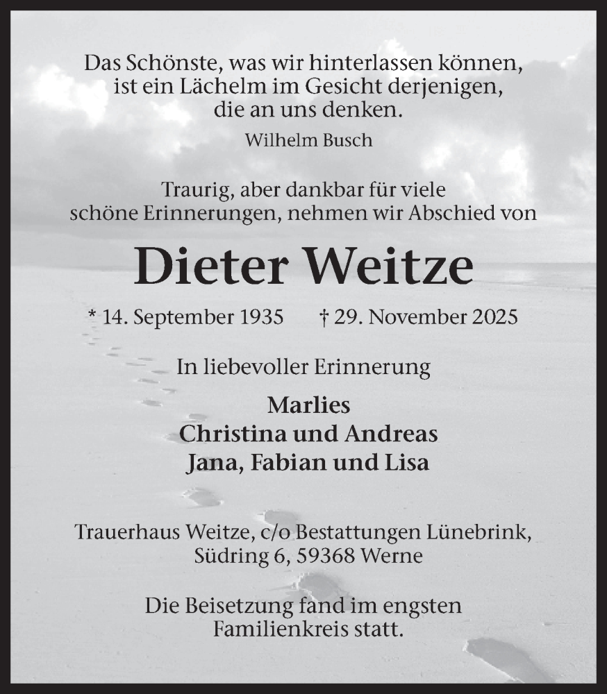  Traueranzeige für Dieter Weitze vom 13.12.2025 aus Ruhr Nachrichten