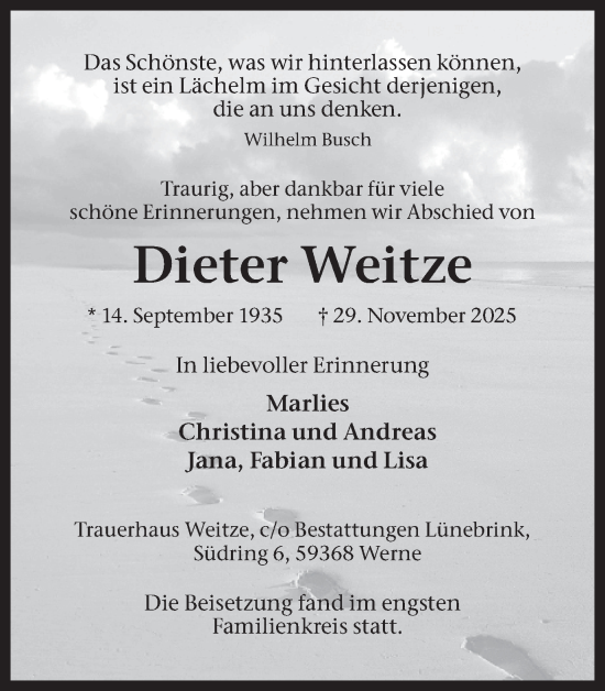 Traueranzeige von Dieter Weitze von Ruhr Nachrichten