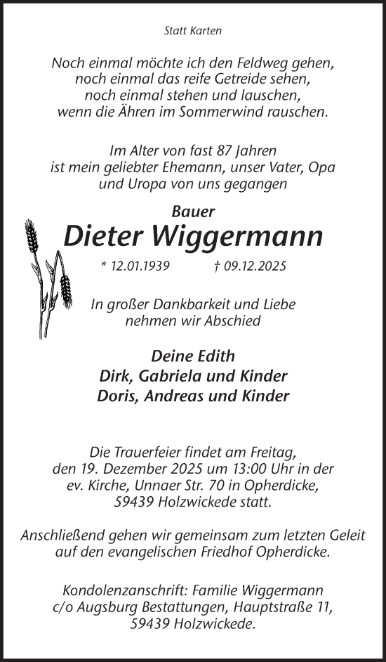 Traueranzeige von Dieter Wiggermann von Hellweger Anzeiger