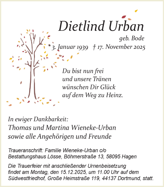 Traueranzeige von Dietlind Urban von Ruhr Nachrichten