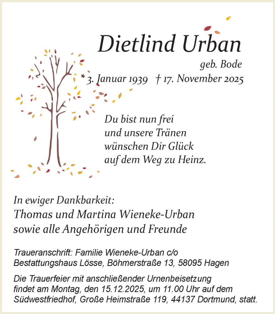 Traueranzeige für Dietlind Urban vom 06.12.2025 aus Ruhr Nachrichten
