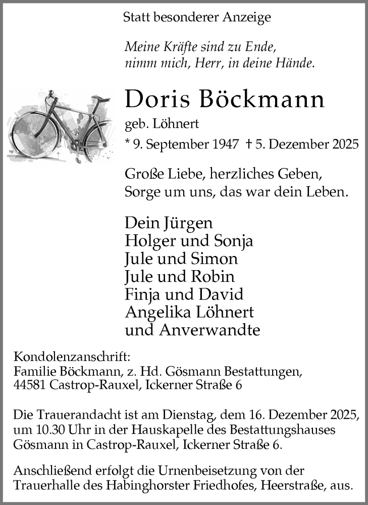  Traueranzeige für Doris Böckmann vom 13.12.2025 aus Stadtanzeiger Castrop-Rauxel
