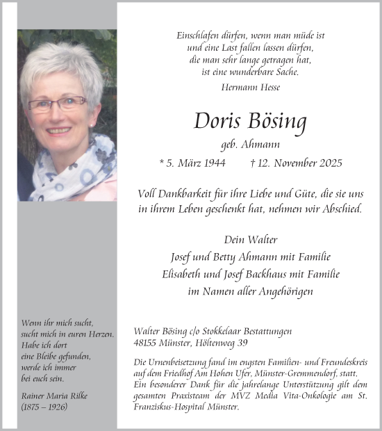 Traueranzeige von Doris Bösing von Ruhr Nachrichten und Dorstener Zeitung