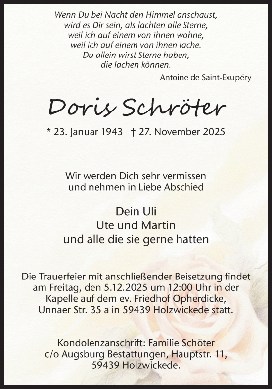 Traueranzeige von Doris Schröter von Hellweger Anzeiger