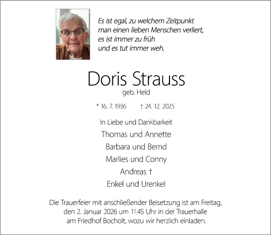 Traueranzeige von Doris Strauss 