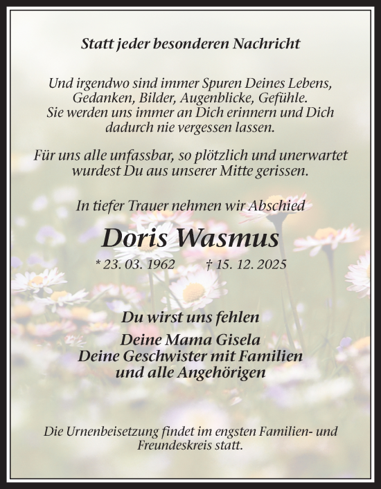 Traueranzeige von Doris Wasmus von Trauer Vest