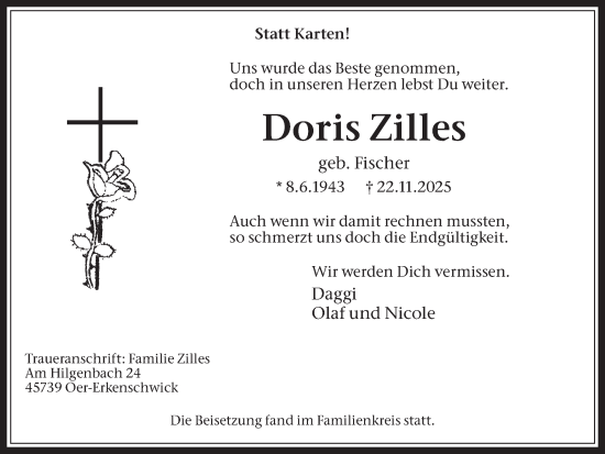 Traueranzeige von Doris Zilles von Trauer Vest