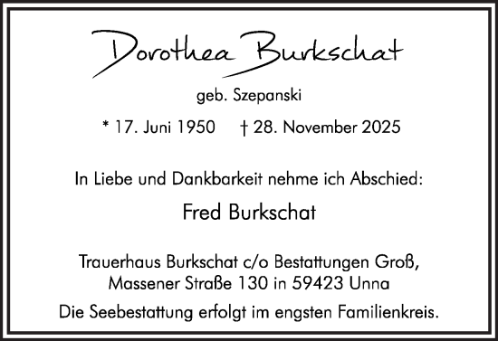 Traueranzeige von Dorothea Burkschat von Hellweger Anzeiger