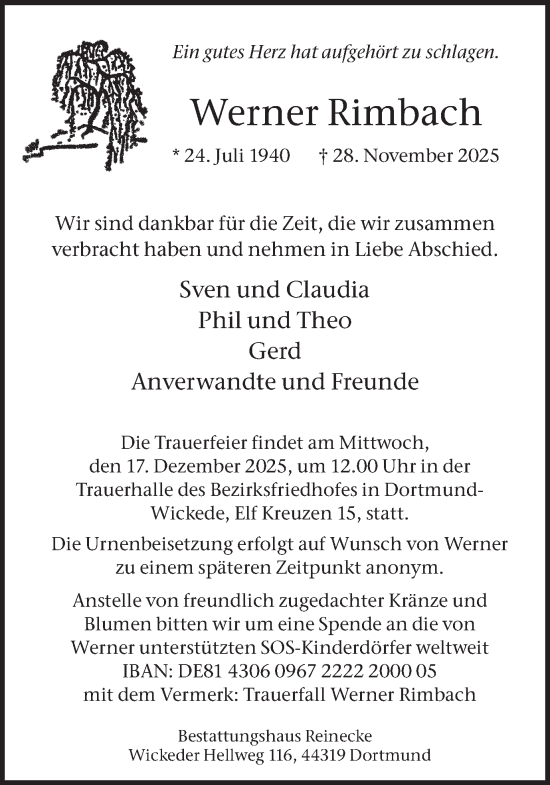 Traueranzeige von Werner Rimbach von Ruhr Nachrichten