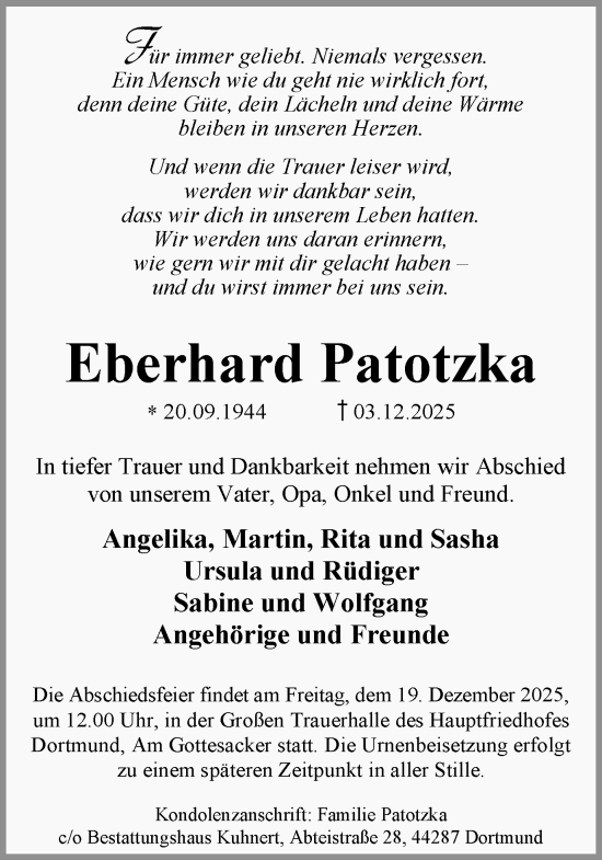Traueranzeige von Eberhard Patotzka von Ruhr Nachrichten