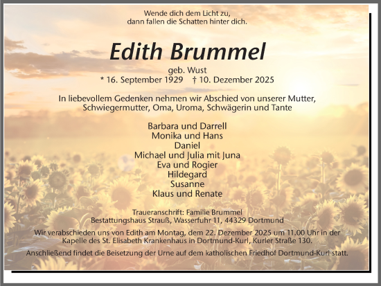 Traueranzeige von Edith Brummel von Ruhr Nachrichten