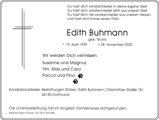 Traueranzeige von Edith Buhmann von Ruhr Nachrichten