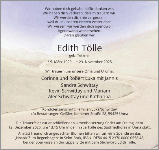Traueranzeige von Edith Tölle von Hellweger Anzeiger