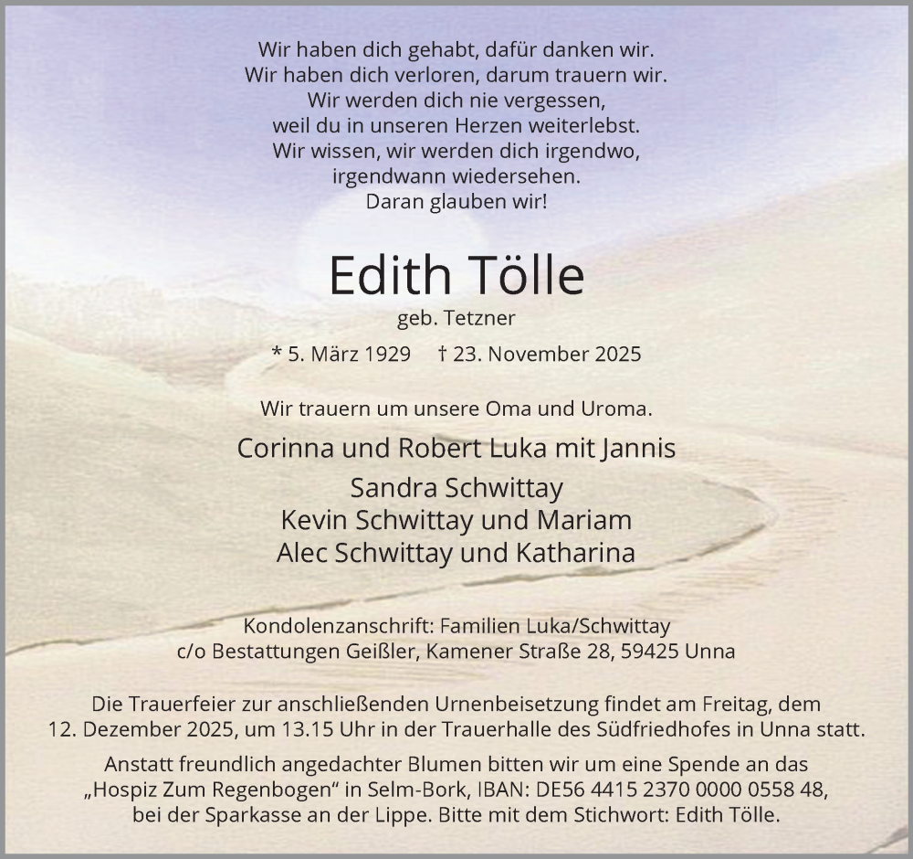  Traueranzeige für Edith Tölle vom 06.12.2025 aus Hellweger Anzeiger