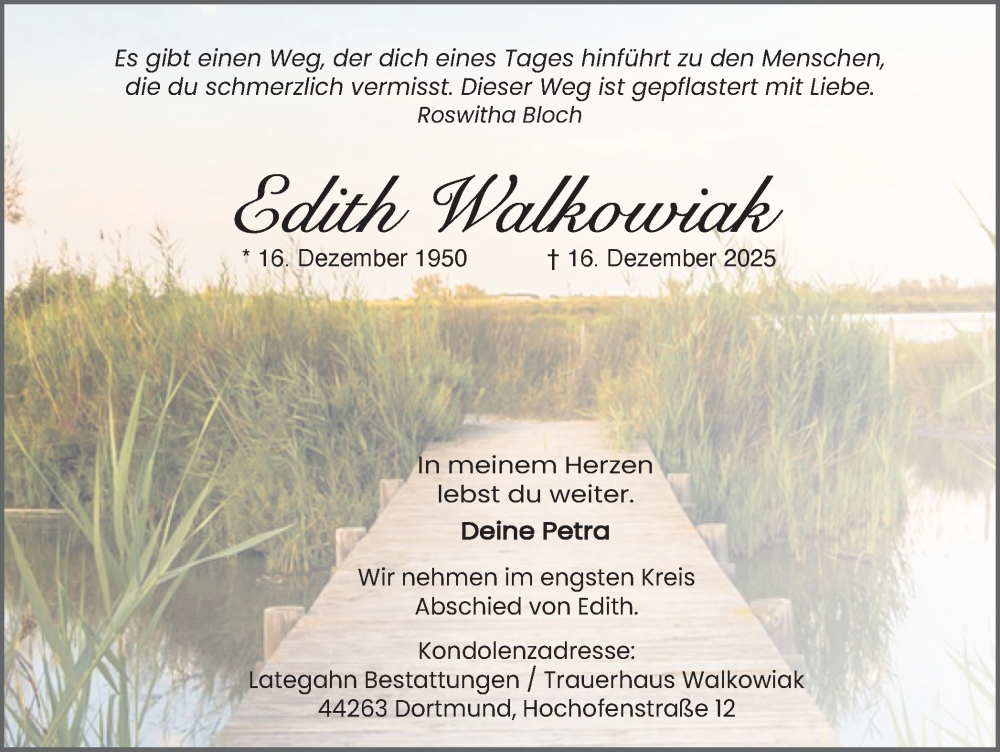  Traueranzeige für Edith Walkowiak vom 27.12.2025 aus Ruhr Nachrichten
