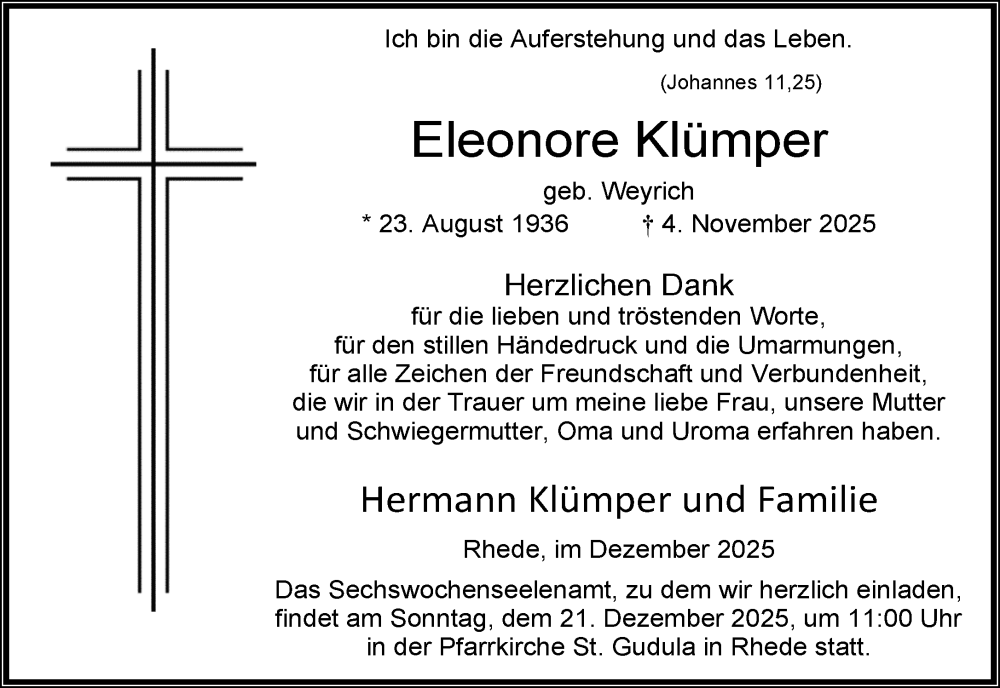  Traueranzeige für Eleonore Klümper vom 17.12.2025 aus 