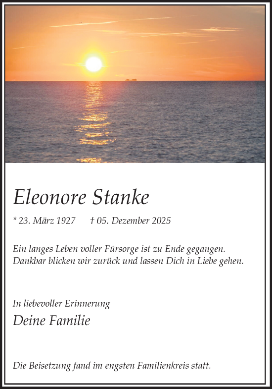 Traueranzeige von Eleonore Stanke von Trauer Vest