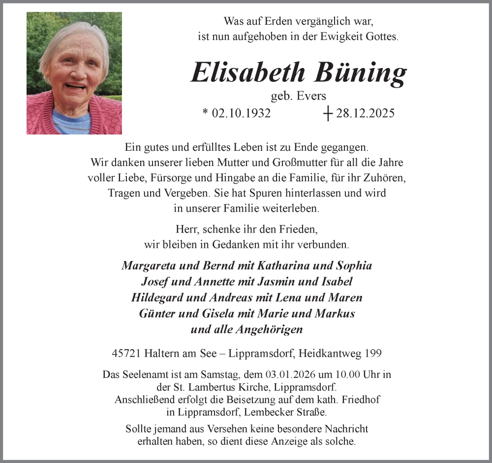  Traueranzeige für Elisabeth Büning vom 31.12.2025 aus Ruhr Nachrichten und Halterner Zeitung