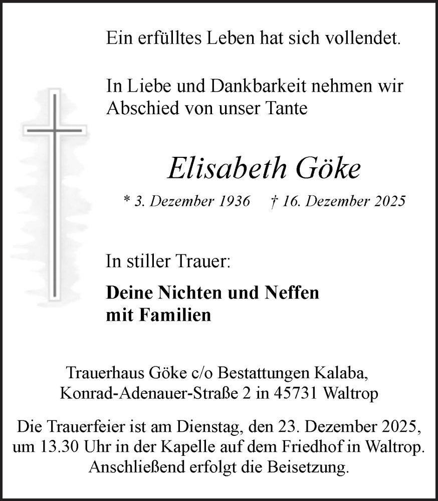  Traueranzeige für Elisabeth Göke vom 20.12.2025 aus Trauer Vest