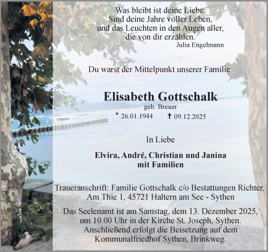 Traueranzeige von Elisabeth Gottschalk von Ruhr Nachrichten und Halterner Zeitung